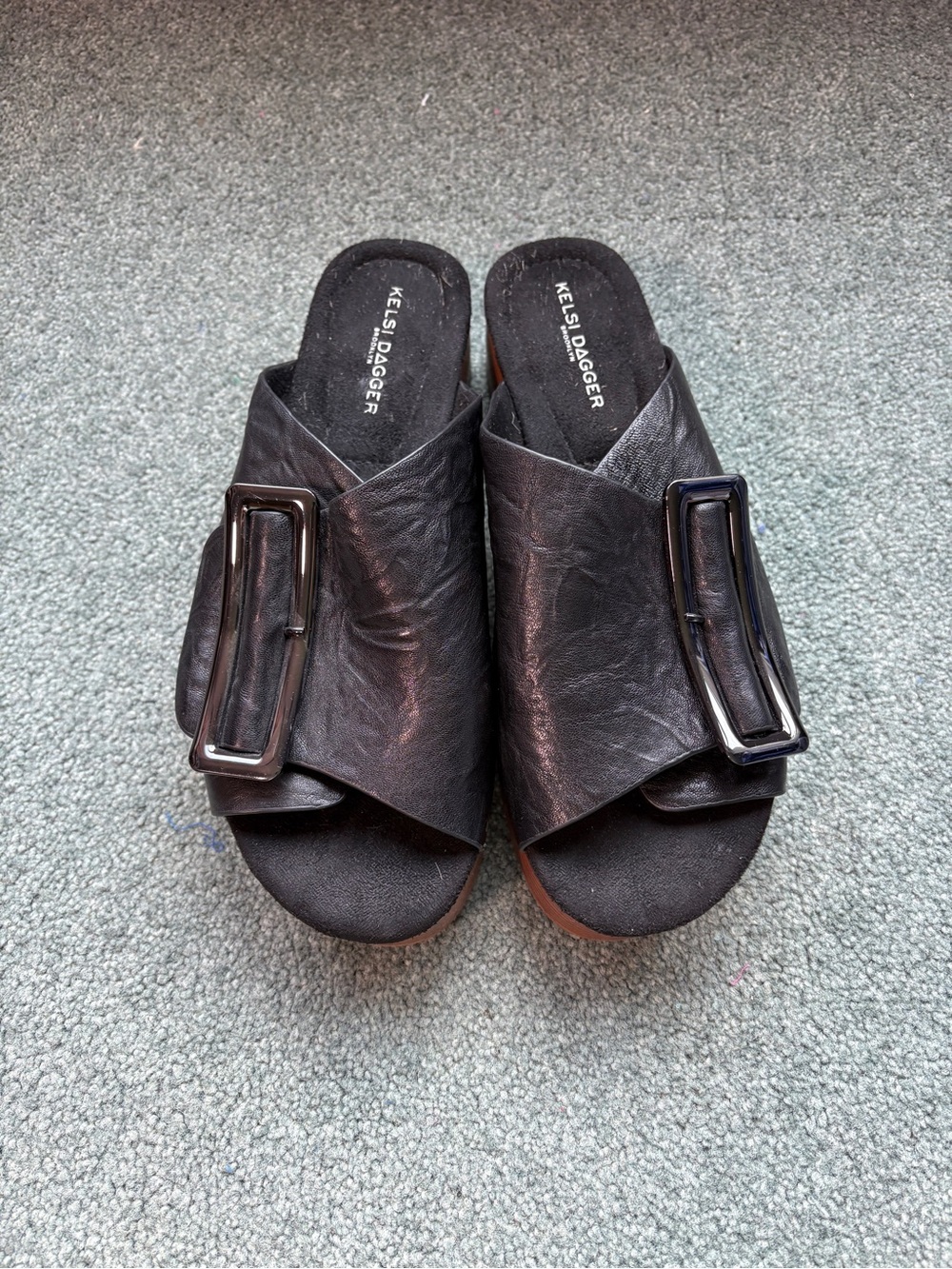 Kelsi Dagger Black Leather Buckle Slide Mules